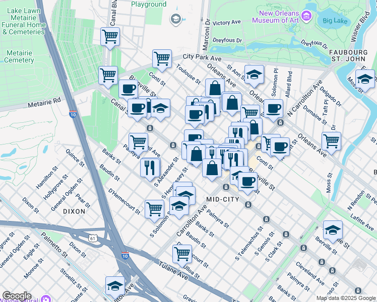 map of restaurants, bars, coffee shops, grocery stores, and more near 128 North Alexander Street in New Orleans