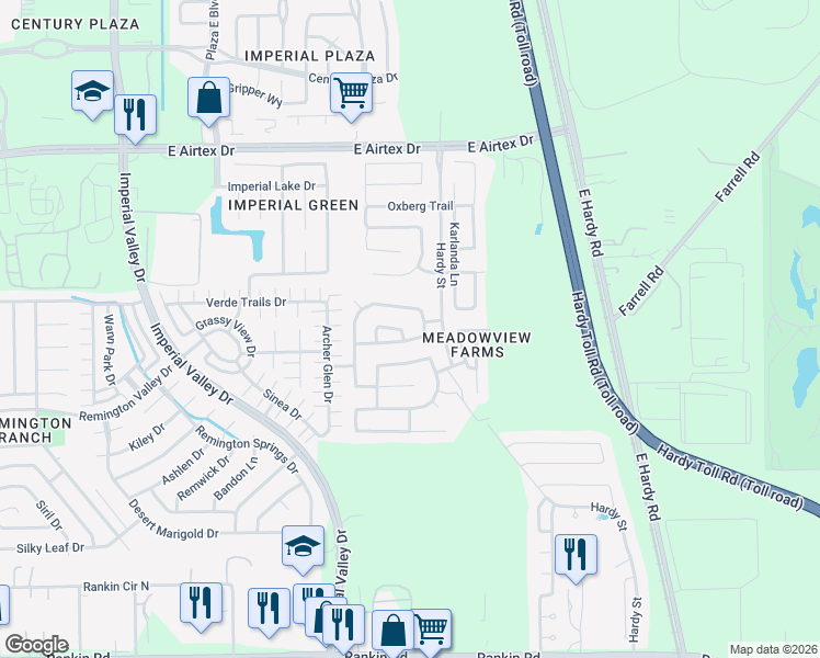map of restaurants, bars, coffee shops, grocery stores, and more near 19626 Fieldmont Lane in Houston
