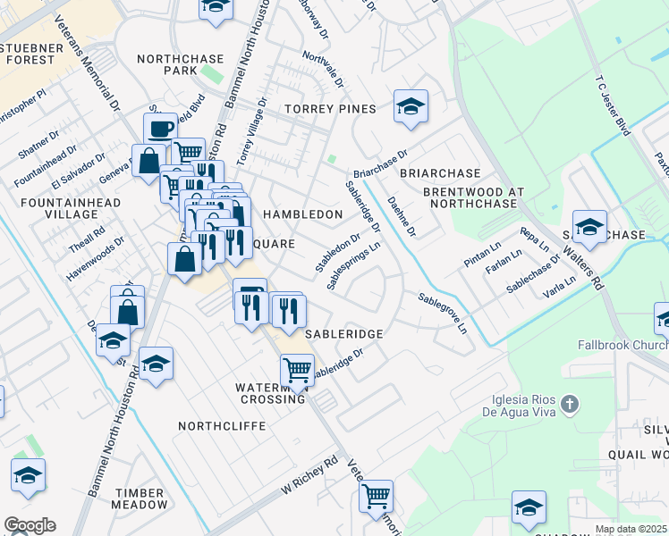 map of restaurants, bars, coffee shops, grocery stores, and more near 13727 Stabledon Drive in Houston