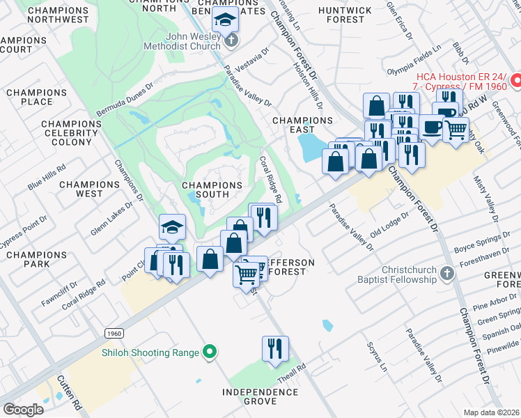 map of restaurants, bars, coffee shops, grocery stores, and more near 6126 Coral Ridge Road in Houston