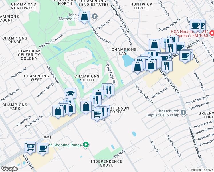 map of restaurants, bars, coffee shops, grocery stores, and more near 6126 Coral Ridge Road in Houston