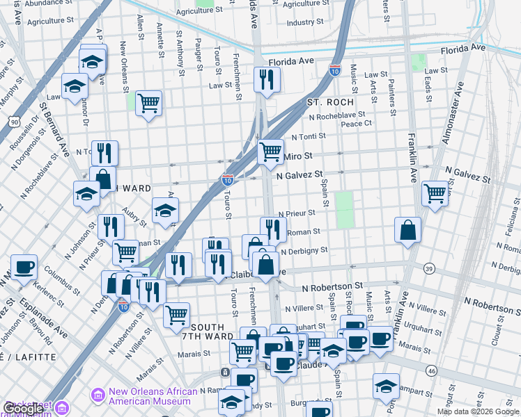 map of restaurants, bars, coffee shops, grocery stores, and more near 1939 Frenchmen Street in New Orleans