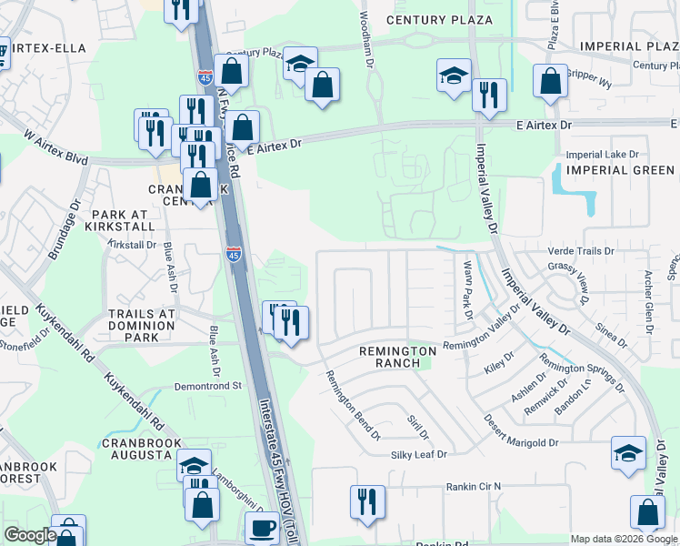 map of restaurants, bars, coffee shops, grocery stores, and more near 323 Remington Bridge Drive in Houston