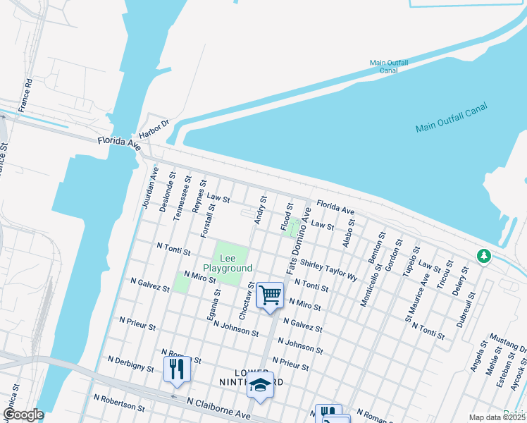 map of restaurants, bars, coffee shops, grocery stores, and more near 2610 Andry Street in New Orleans