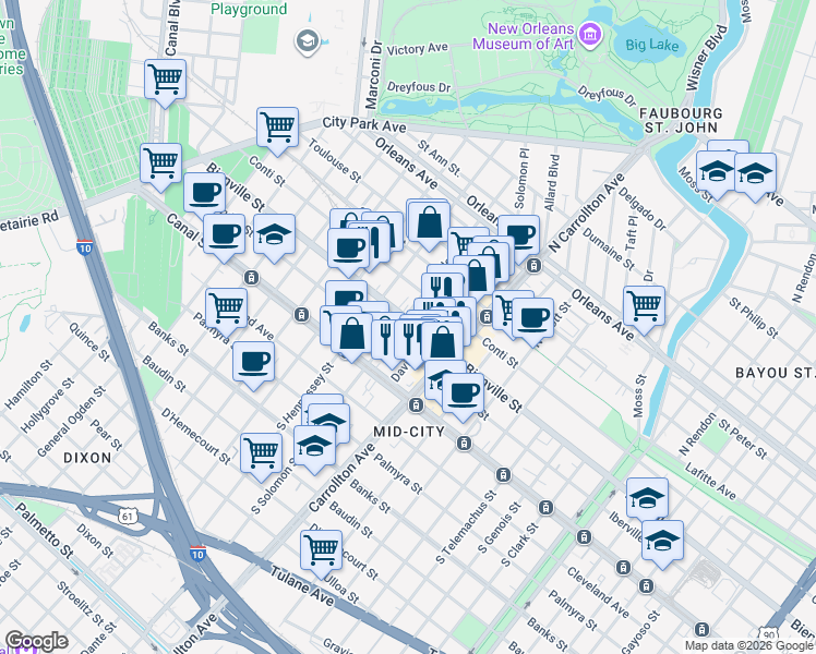 map of restaurants, bars, coffee shops, grocery stores, and more near 4141 Bienville Street in New Orleans