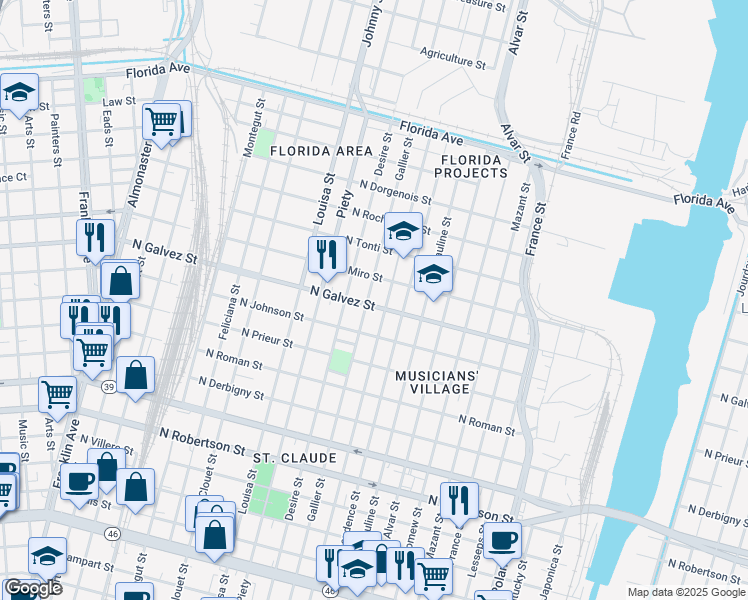 map of restaurants, bars, coffee shops, grocery stores, and more near 2131 Gallier Street in New Orleans