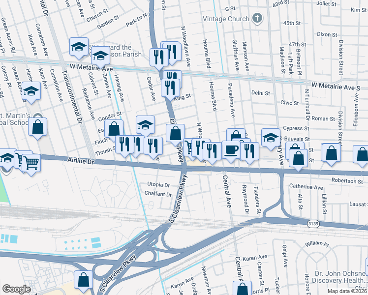 map of restaurants, bars, coffee shops, grocery stores, and more near 301 Clearview Parkway in Metairie