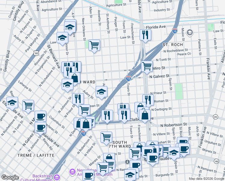 map of restaurants, bars, coffee shops, grocery stores, and more near 1961 North Johnson Street in New Orleans
