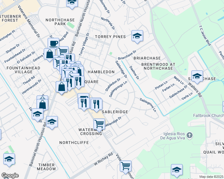 map of restaurants, bars, coffee shops, grocery stores, and more near 13727 Stabledon Drive in Houston
