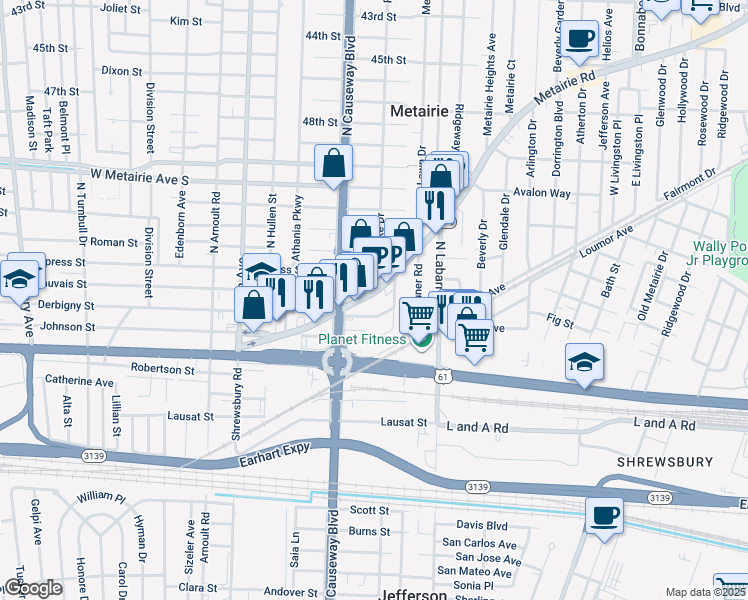map of restaurants, bars, coffee shops, grocery stores, and more near 3006 Metairie Road in Metairie