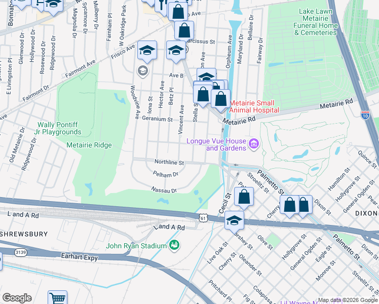 map of restaurants, bars, coffee shops, grocery stores, and more near 214 Avenue East in Metairie
