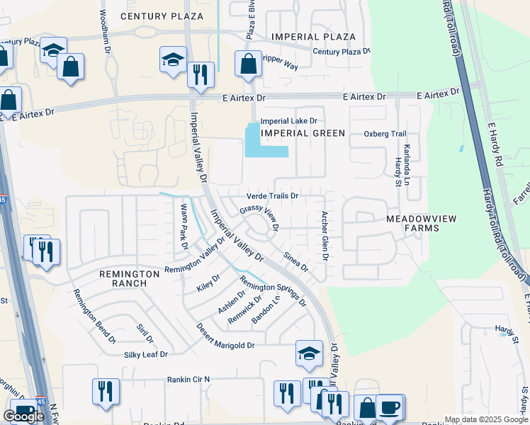map of restaurants, bars, coffee shops, grocery stores, and more near 1055 Grassy View Drive in Houston