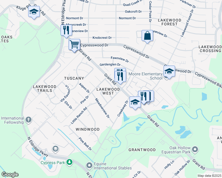 map of restaurants, bars, coffee shops, grocery stores, and more near 11915 Lakewood West Drive in Cypress