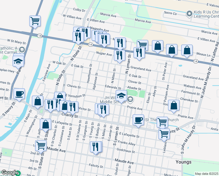 map of restaurants, bars, coffee shops, grocery stores, and more near 500-598 N Miles St in Abbeville