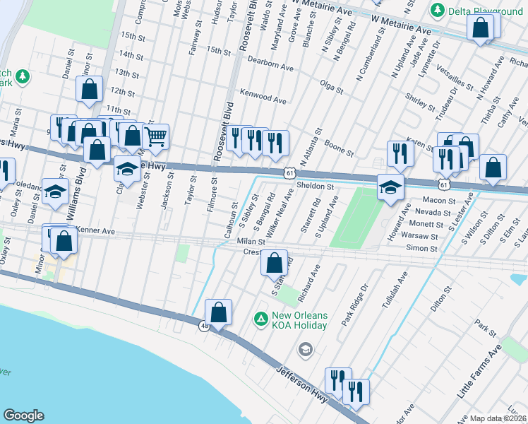 map of restaurants, bars, coffee shops, grocery stores, and more near 925 South Sibley Street in Metairie