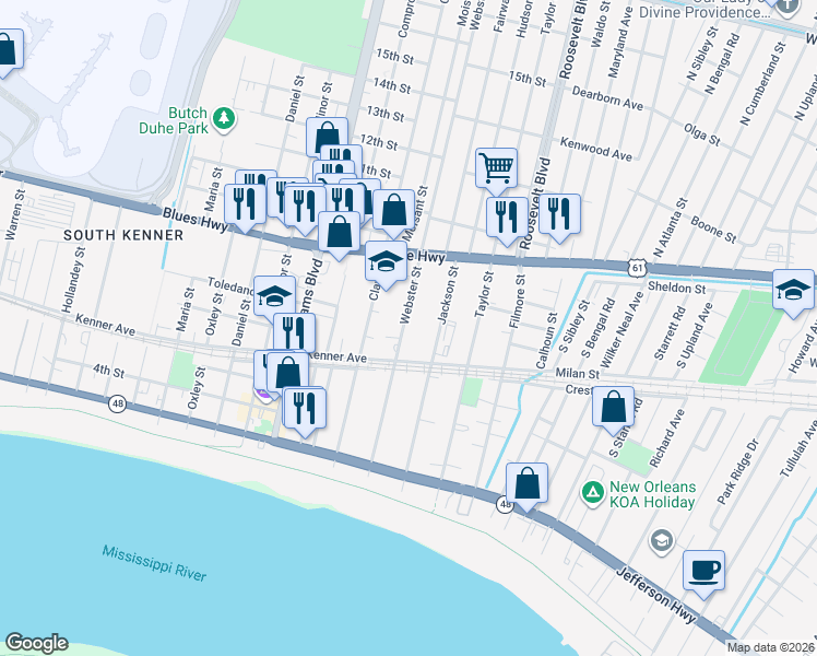 map of restaurants, bars, coffee shops, grocery stores, and more near 606 Clay Street in Kenner