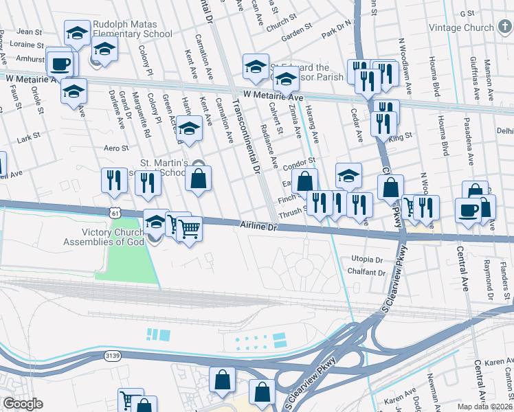 map of restaurants, bars, coffee shops, grocery stores, and more near 211 Carnation Avenue in Metairie