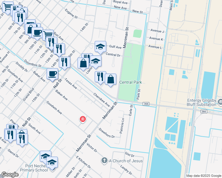 map of restaurants, bars, coffee shops, grocery stores, and more near 726 Magnolia Avenue in Port Neches