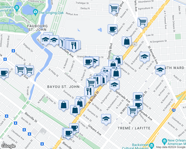map of restaurants, bars, coffee shops, grocery stores, and more near 1928 Esplanade Avenue in New Orleans