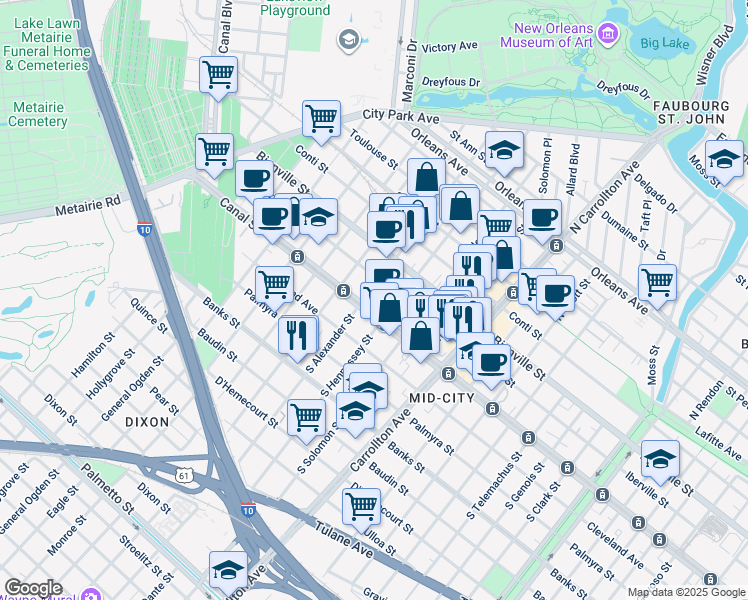 map of restaurants, bars, coffee shops, grocery stores, and more near 128 North Alexander Street in New Orleans