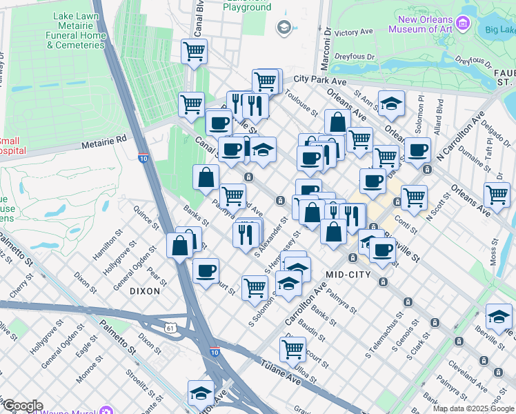 map of restaurants, bars, coffee shops, grocery stores, and more near 128 South Olympia in New Orleans