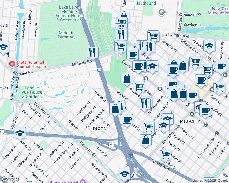 map of restaurants, bars, coffee shops, grocery stores, and more near 4838 Banks Street in New Orleans