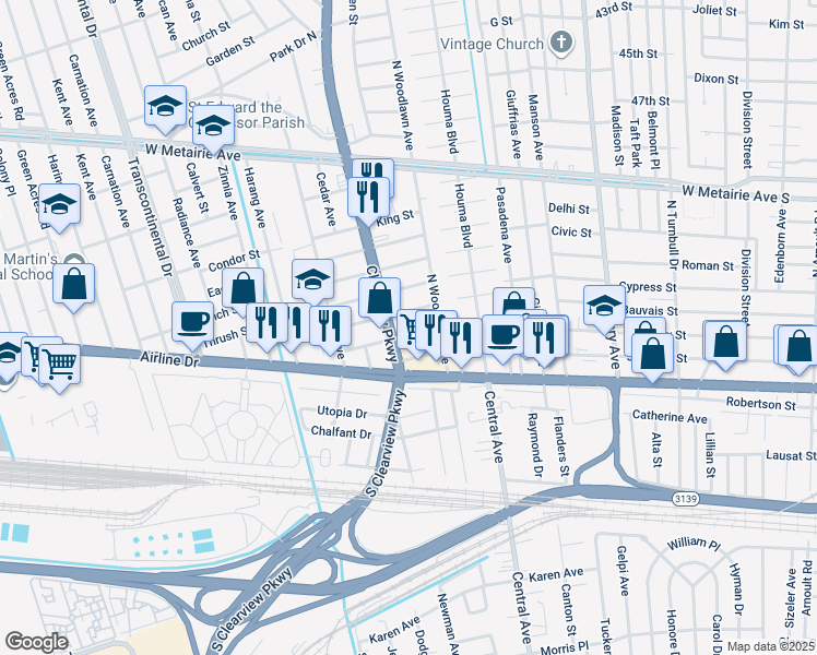 map of restaurants, bars, coffee shops, grocery stores, and more near 4416 Calumet Street in Metairie