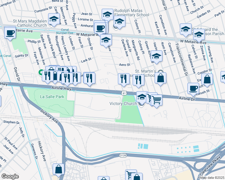 map of restaurants, bars, coffee shops, grocery stores, and more near 6005 Airline Drive in Metairie