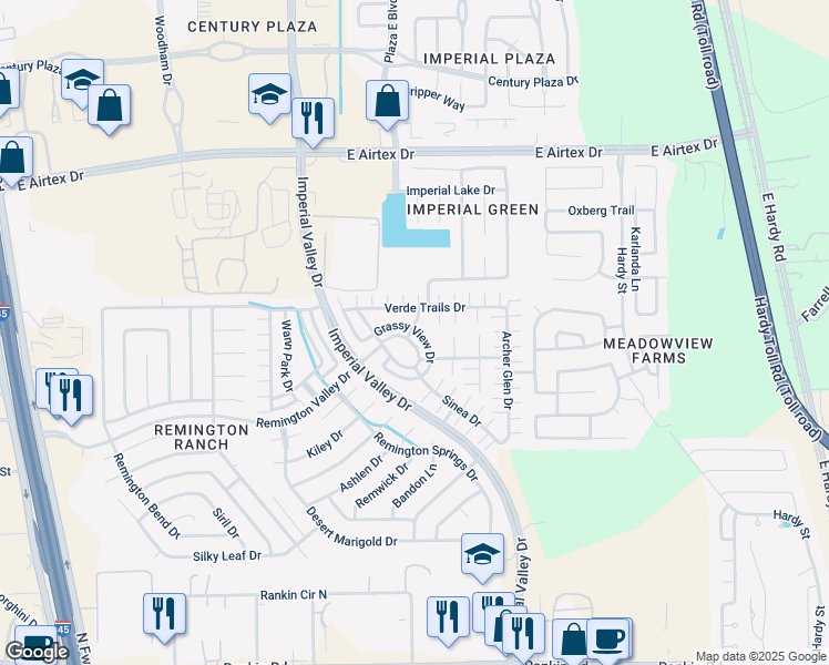 map of restaurants, bars, coffee shops, grocery stores, and more near 1055 Grassy View Drive in Houston