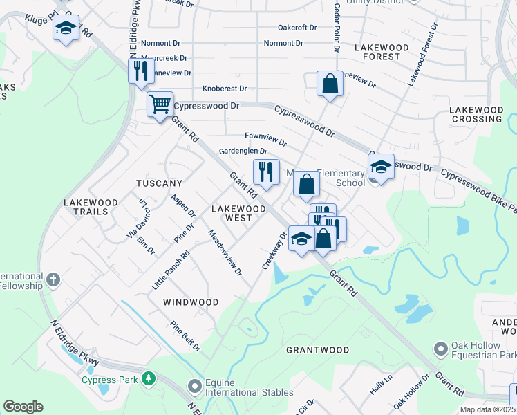 map of restaurants, bars, coffee shops, grocery stores, and more near 11918 Lakewood West Drive in Cypress