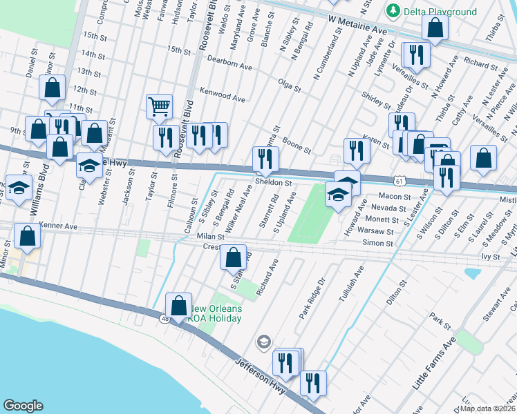 map of restaurants, bars, coffee shops, grocery stores, and more near 907 South Cumberland Street in Metairie
