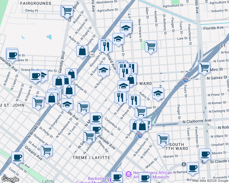 map of restaurants, bars, coffee shops, grocery stores, and more near 2133 Onzaga Street in New Orleans