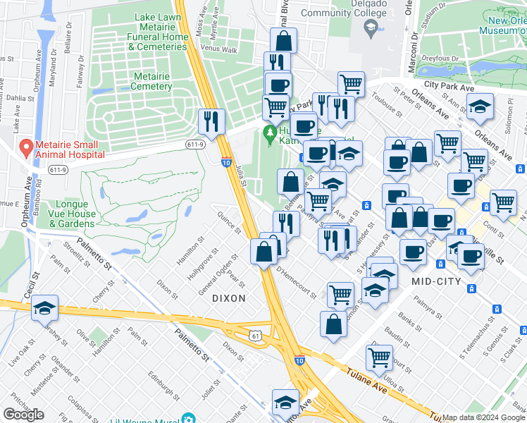 map of restaurants, bars, coffee shops, grocery stores, and more near 4838 Banks Street in New Orleans
