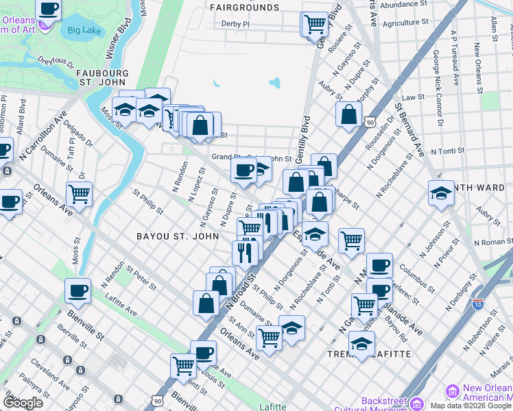 map of restaurants, bars, coffee shops, grocery stores, and more near 1928 Esplanade Avenue in New Orleans