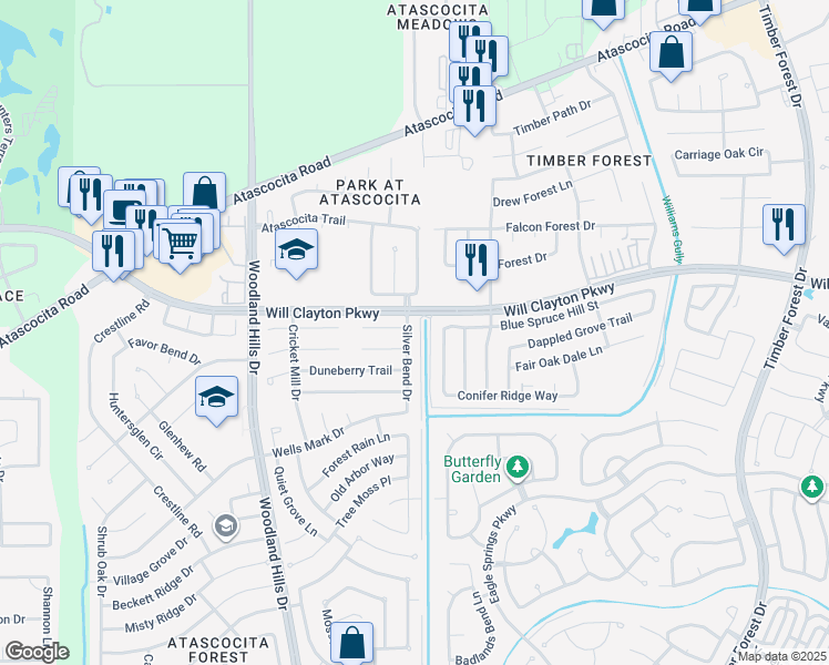 map of restaurants, bars, coffee shops, grocery stores, and more near 4243 Leafy Bough Court in Atascocita