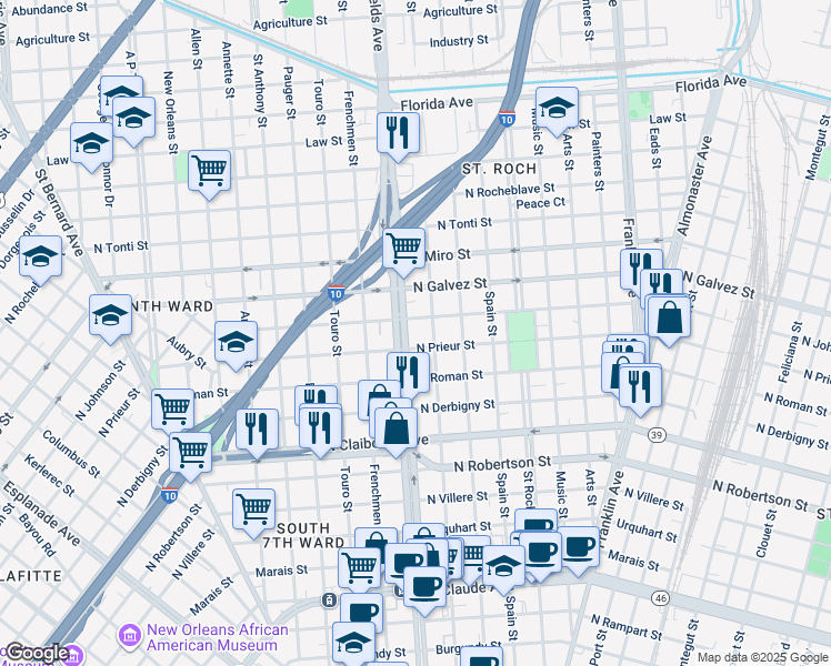 map of restaurants, bars, coffee shops, grocery stores, and more near 1935 Elysian Fields Avenue in New Orleans
