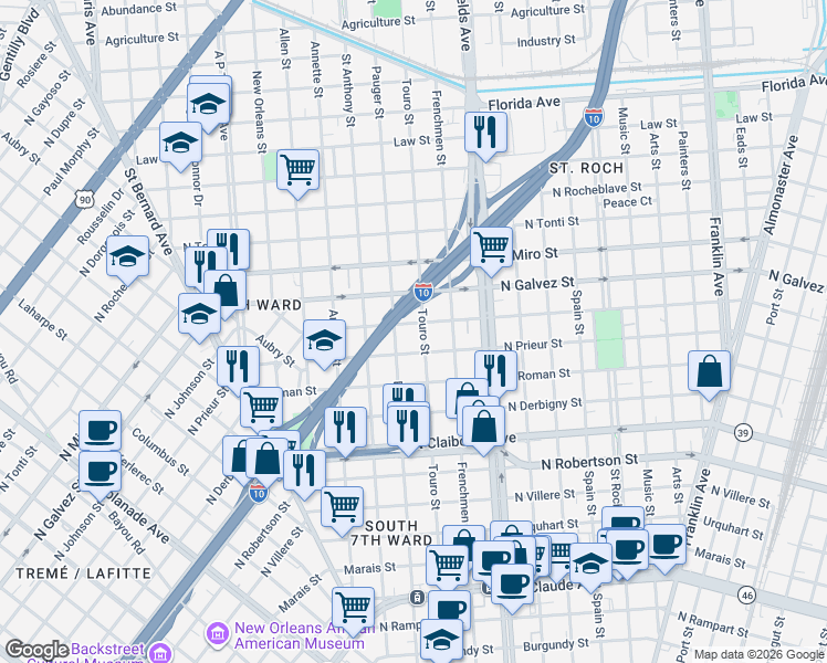 map of restaurants, bars, coffee shops, grocery stores, and more near 2003 Touro Street in New Orleans