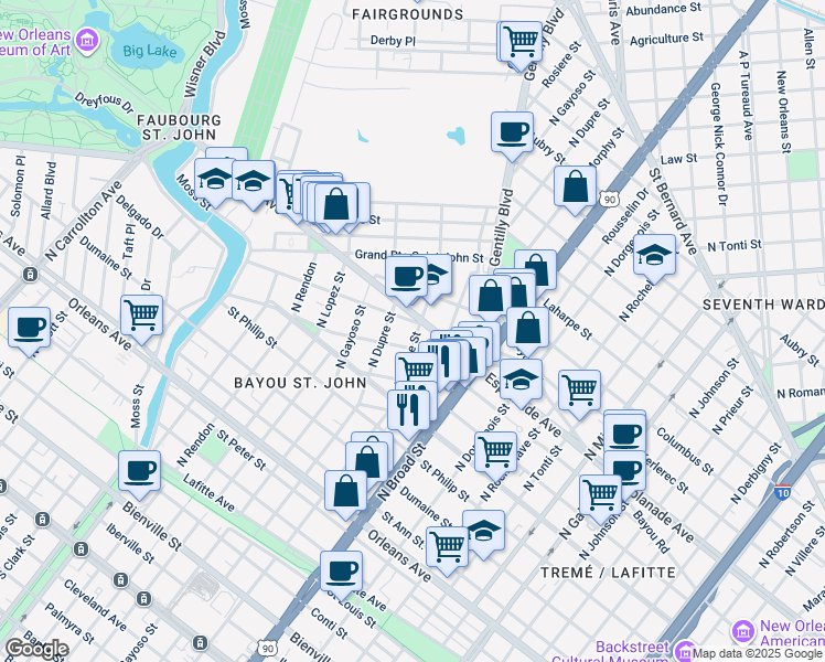 map of restaurants, bars, coffee shops, grocery stores, and more near 1928 Esplanade Avenue in New Orleans