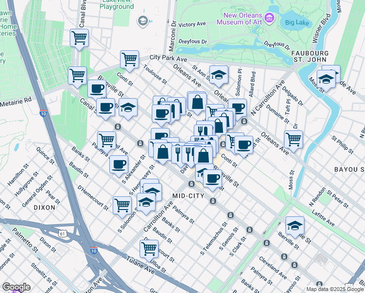 map of restaurants, bars, coffee shops, grocery stores, and more near 4141 Bienville Street in New Orleans