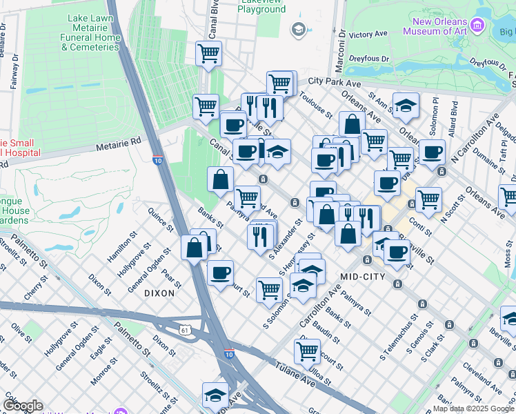 map of restaurants, bars, coffee shops, grocery stores, and more near 128 South Olympia in New Orleans