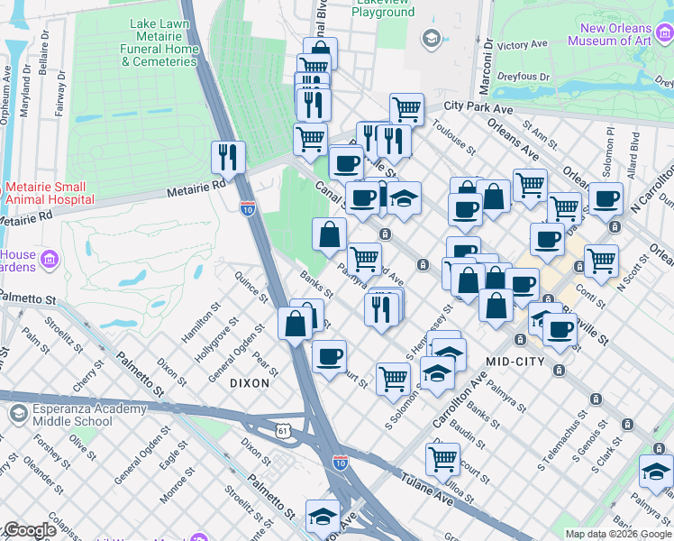 map of restaurants, bars, coffee shops, grocery stores, and more near 4738 Palmyra Street in New Orleans