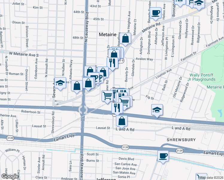 map of restaurants, bars, coffee shops, grocery stores, and more near 6 Savannah Ridge Lane in Metairie