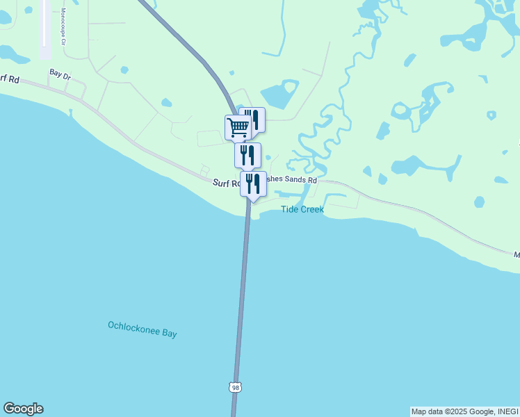map of restaurants, bars, coffee shops, grocery stores, and more near 9 Mashes Sands Road in Panacea