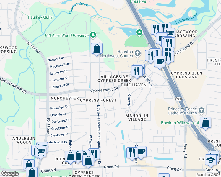 map of restaurants, bars, coffee shops, grocery stores, and more near 10308 Cypresswood Drive in Houston