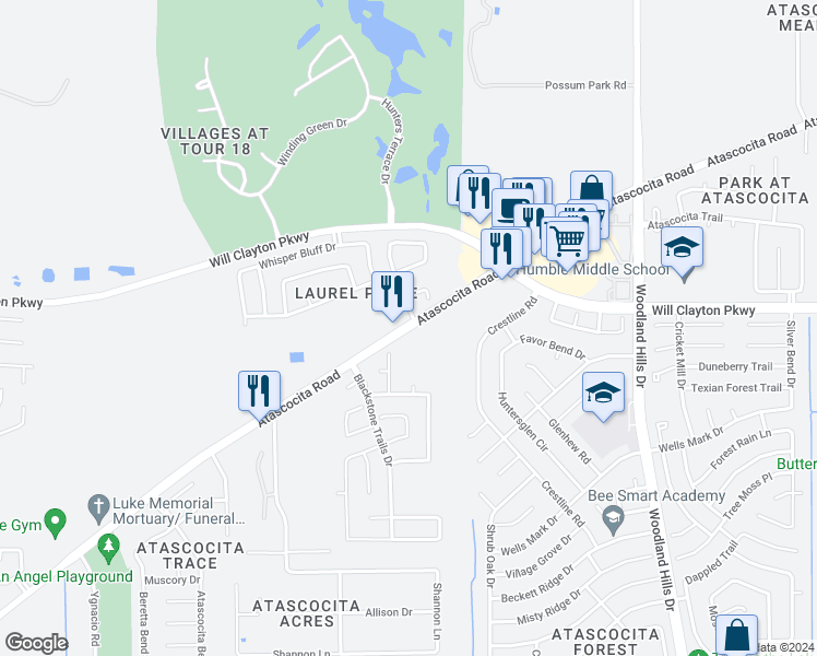 map of restaurants, bars, coffee shops, grocery stores, and more near 3406 Atascocita Road in Humble