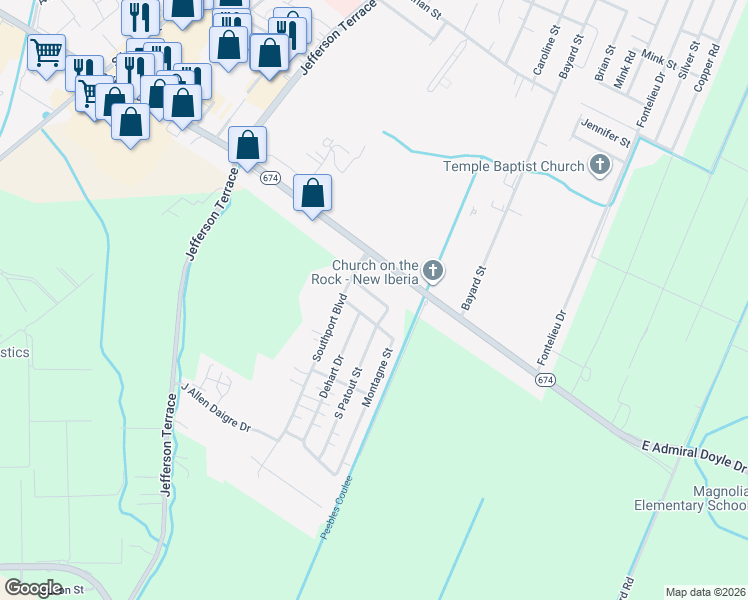 map of restaurants, bars, coffee shops, grocery stores, and more near 1609 East Patout Street in New Iberia