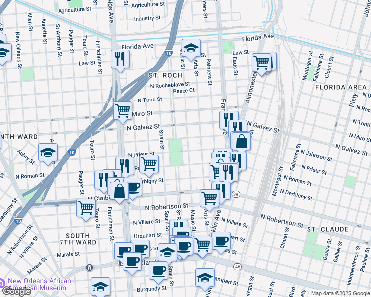 map of restaurants, bars, coffee shops, grocery stores, and more near 2365 North Johnson Street in New Orleans