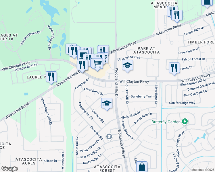 map of restaurants, bars, coffee shops, grocery stores, and more near 17807 South Mistylace Drive in Humble