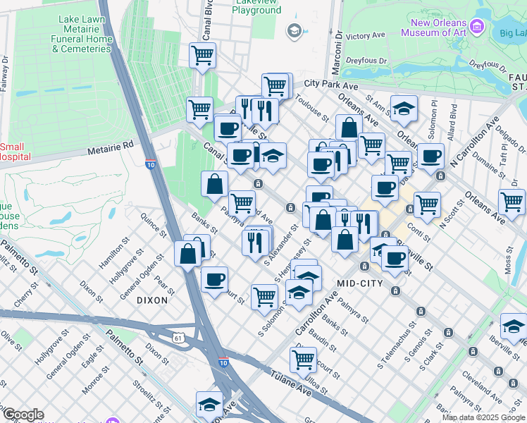 map of restaurants, bars, coffee shops, grocery stores, and more near 128 South Olympia in New Orleans