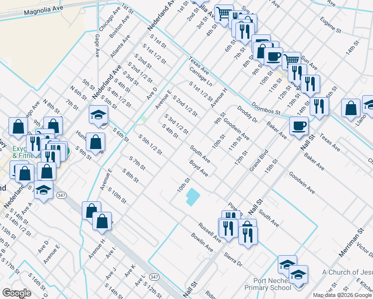 map of restaurants, bars, coffee shops, grocery stores, and more near 1509 South Avenue in Port Neches